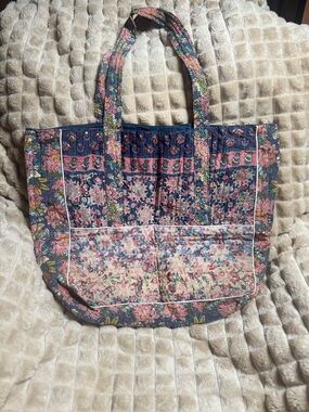 Quilted Floral Tote Bag in Pink and Blue